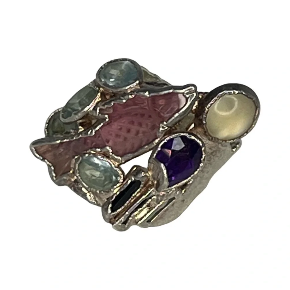 Silver Pink Tourmaline, Amethyst, Aquamarine and Moonstone Ring by C + T Size 5